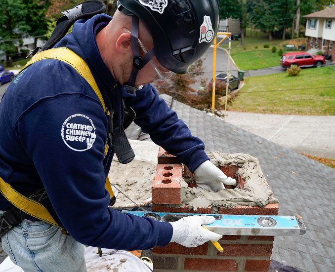 Original image of technician measuring chimney by Mercer County Chimney Services.